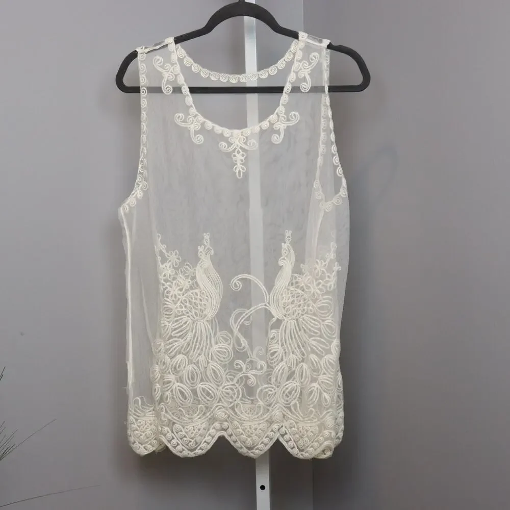 Peacock Lace Sheer Long Tank Top – Size L‎